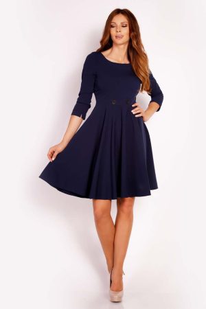 Szeroka Granatowa Sukienka Mini z Ozdobnymi Guzikami.