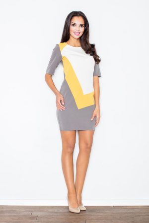 Żółta Sukienka Mini z Jasnymi Panelami.