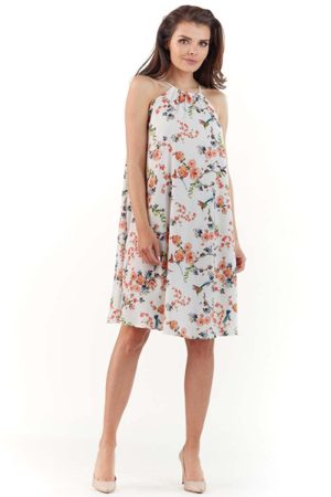 Ecru Zwiewna Sukienka Mini w Kwiatowy Wzór z Wiązanym Dekoltem.