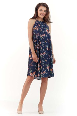 Granatowa Zwiewna Sukienka Mini w Kwiatowy Wzór z Wiązanym Dekoltem.