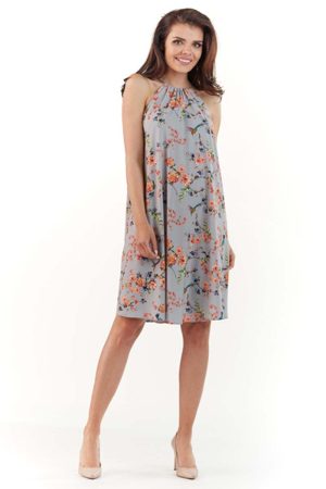 Szara Zwiewna Sukienka Mini w Kwiatowy Wzór z Wiązanym Dekoltem.