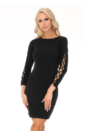 Czarna Ołówkowa Mini Sukienka z Dekoracyjną Aplikacją na Rękawach.