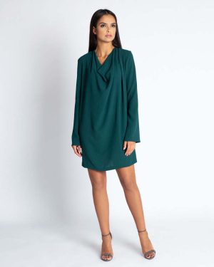 Zielona Luźna Mini Sukienka z Dekoltem Typu Woda.