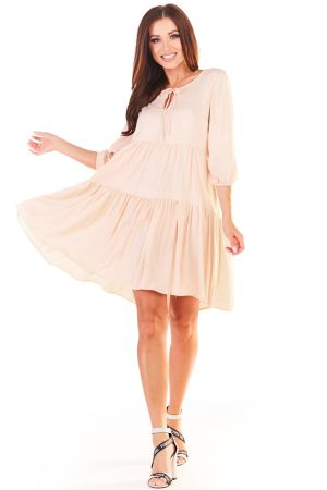 Sukienka Mini w Stylu Boho - Beżowa.