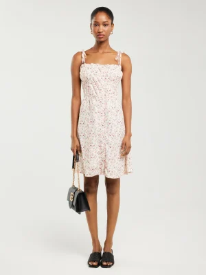 Sukienka damska mini z wiskozy z motywem kwiatowym kremowa Casie 102.