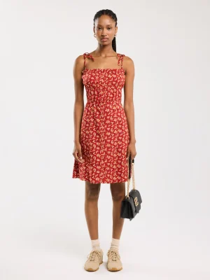 Sukienka damska mini z wiskozy z motywem kwiatowym czerwona Casie 603.