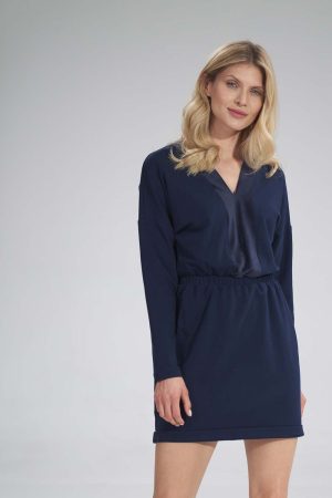 Mini Sukienka z Dekoltem Wykończonym Welurem - Granatowa.