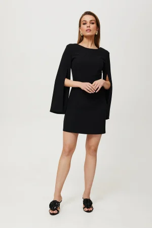 Elegancka ołówkowa sukienka mini rozcięte rękawy czarna.