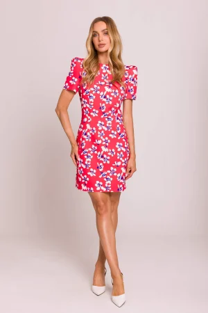 Elegancka sukienka ołówkowa mini w kwiaty czerwona.