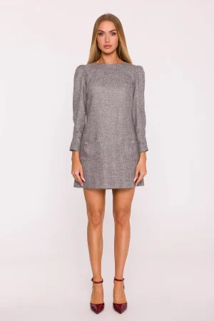 Elegancka sukienka tweedowa trapezowa mini szara.
