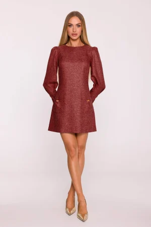 Elegancka sukienka tweedowa trapezowa mini bordowa.