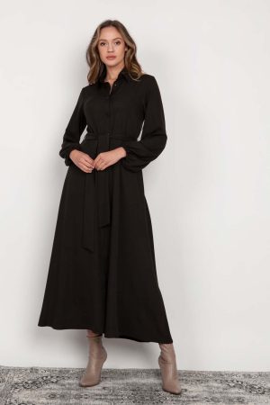 Koszulowa Sukienka Maxi z Bufiastym Rękawem - Czarna.